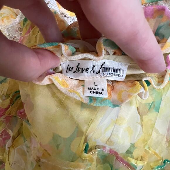 For Love & Lemons Vikki Maxi Dress Large Tiered Floral Ruffles Lace Sheer Yellow - Picture 12 of 12
